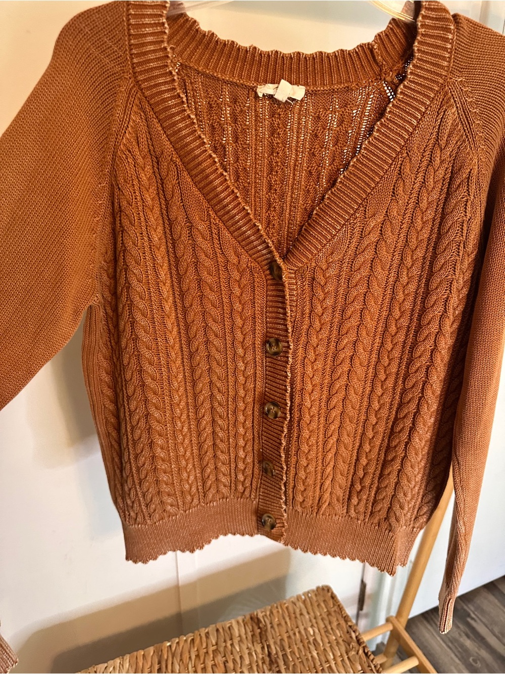 easel Cable‎ Knit Button-Front Cardigan - Rust Brown - Picture 3 of 11